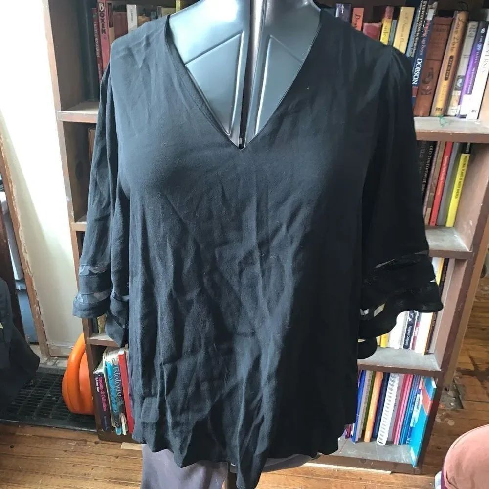 Chelsea28 Stitchfix black flowy classic sheer insert v-neck blouse